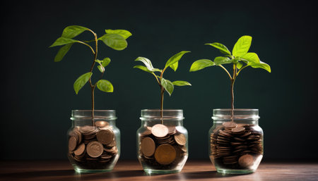 Young tree in a glass jar with coins on a dark background.の素材