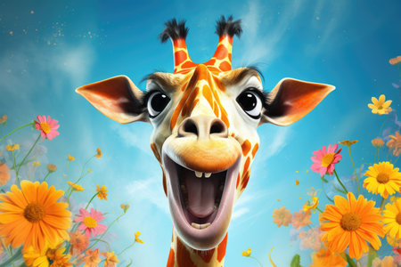 funny cartoon smiling giraffe among flowersの素材