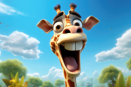 funny cartoon smiling giraffe against the skyの素材