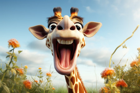 funny cartoon smiling giraffe among flowersの素材