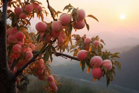 Peaches on tree at sunrise.の素材
