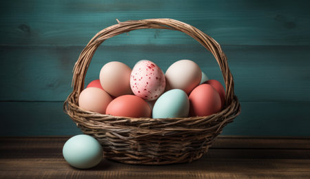 Easter eggs of various colors in a twig basket, hay in the backgroundの素材
