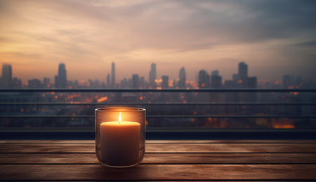 Candle against a city dawn, silhouettes of buildings in the early morning light.の素材
