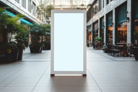 Empty advertising stand in mall's central aisle with greenery.の素材