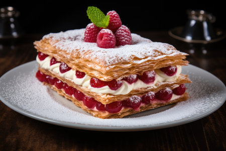 Traditional French mille-feuille with cream and raspberries, garnished with a mint leaf.の素材