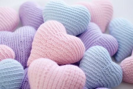 Colorful knitted hearts in pastel colors.の素材