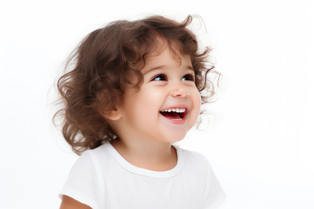 Child with joyful smile on a white backgroundの素材