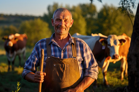 Farmer at sunset with cows on the farm.の素材