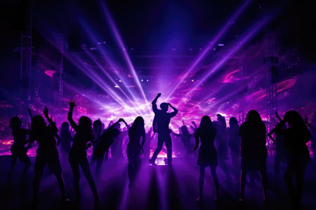 Crowd dancing under bright light beams at a discoの素材