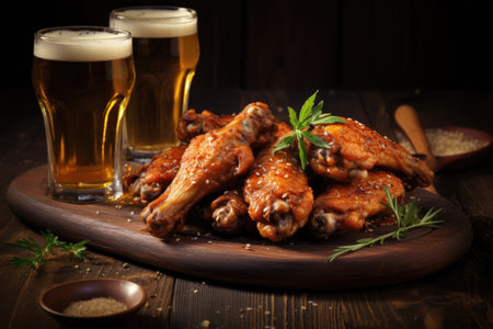 Fried chicken wings, served with draft beer and a selection of sauces, on a dark background with kitchen spicesの素材