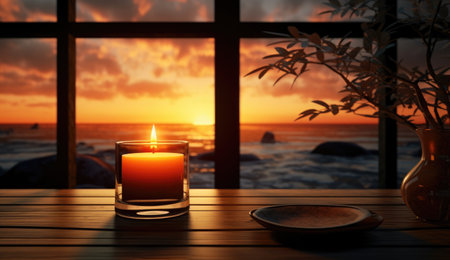A candle on the windowsill overlooks a mountainous sunset.の素材