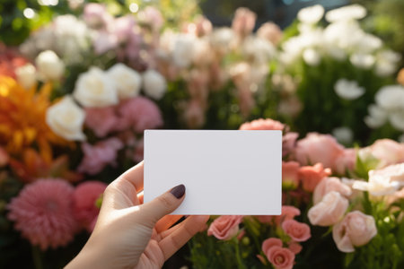 Blank card in hands with blooming roses in the background.の素材