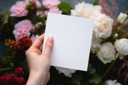 Hands holding a blank white card against a backdrop of colorful flowers.の素材