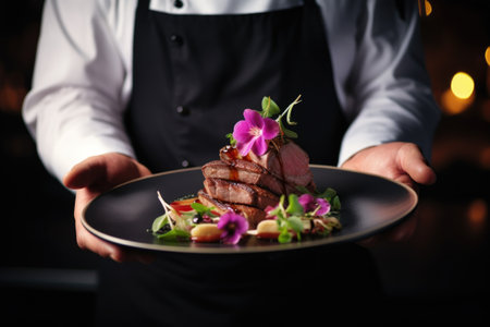 Chef serving a dish with artistic presentation, adorned with flowers and sauce.の素材