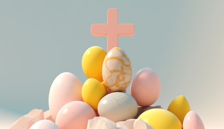 Easter eggs with a cross against a sky backgroundの素材