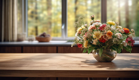 Fresh flower bouquet in glass vase on wooden table by the windowの素材