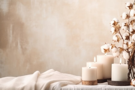 Candles and cotton on fabric.の素材