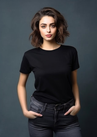 Young woman in black tee and jeans against gray background.の素材