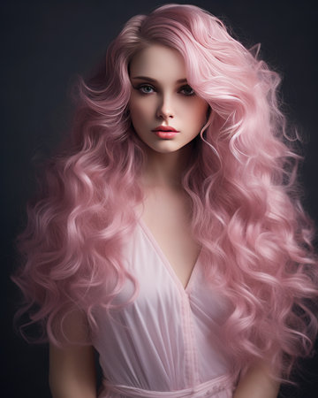 girl with long pink lush wavy hair in a romantic style.の素材