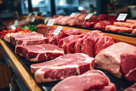 Fresh quality meat showcased at a butcher's shop.の素材