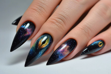 Nails with space theme design featuring planets and starsの素材