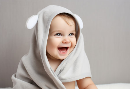 Smiling baby in a towel with earsの素材