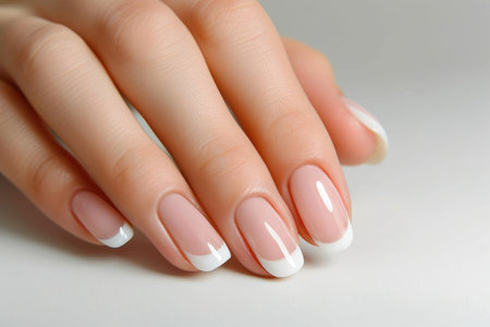 Classic French manicure on short nails.の素材
