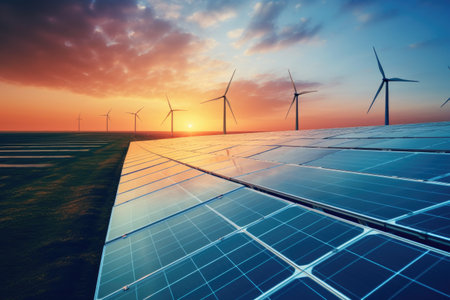 Wind turbines and solar panels at sunset, renewable energy landscapeの素材
