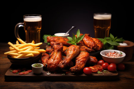 Appetizing chicken wings in sweet sauce served with golden fries and cold beer on a dark wooden background, garnished with fresh greens.の素材