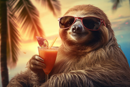 Sloth in sunglasses relaxing on a sun lounger with a drink, tropical plants background.の素材