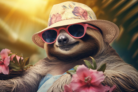 Sloth in hat and sunglasses, blue background.の素材