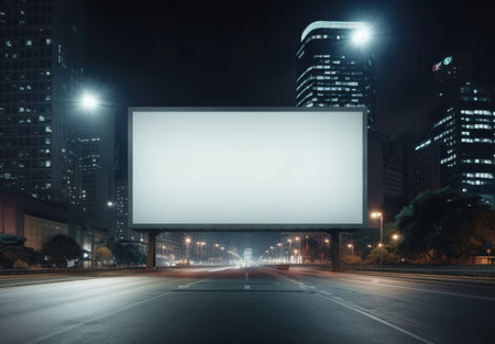 City street at night with lit billboard.の素材