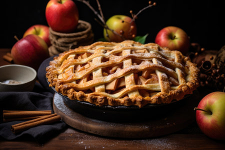 Apple pie on a table surrounded by apples and cinnamon sticksの素材