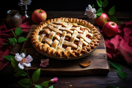 Apple pie with cinnamon and apples on a dark rustic backgroundの素材