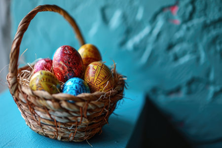 Easter eggs in wicker basket on blue background.の素材