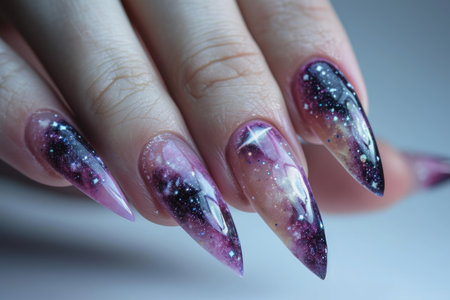 Stiletto nails with cosmic gradient and glitterの素材