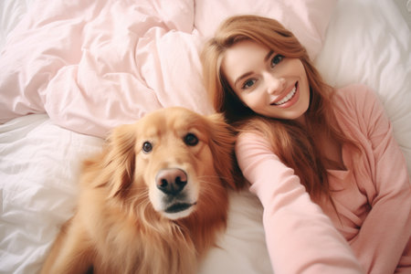 Woman taking a selfie with a golden retriever on the bed.の素材