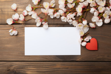 White card with white hearts and sakura branches on a wooden surfaceの素材