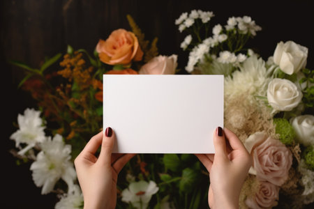 Hands presenting a white card with a dark floral backgroundの素材