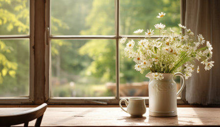 Bouquet of white daisies in a ceramic vase on a windowsill with a forest view.の素材