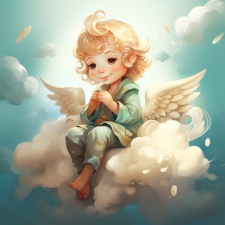Curly-haired angel sitting on cloud.の素材