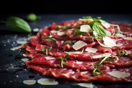 beef carpaccio with herbs and parmesan and olive oil.の素材