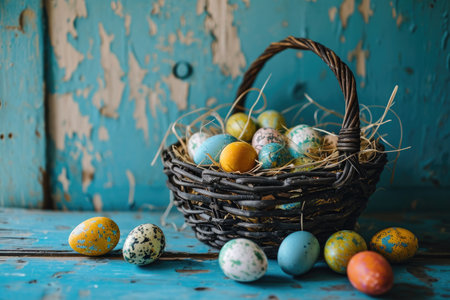 Easter eggs in wicker basket on blue background.の素材