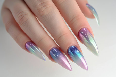 Stiletto nails with pearlescent gradient and cosmic designの素材