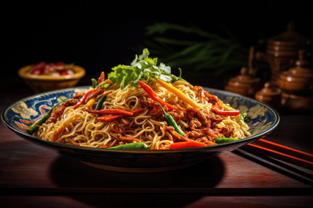 Chinese noodles with red sauce and vegetables in decorated bowl.の素材
