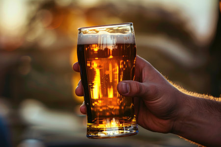 Man raising filled beer glass, enjoying background sunset.の素材