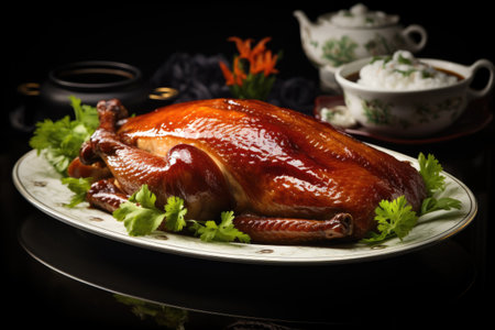 Peking duck on dish with greens, elegant.の素材