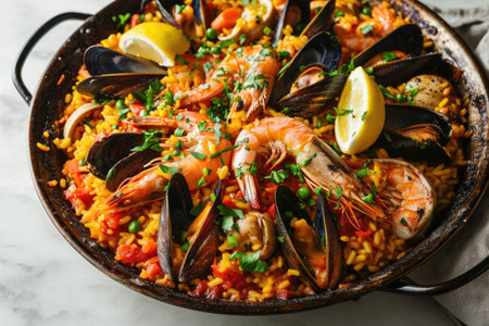 Seafood paella in a pan. Spanish cuisineの素材