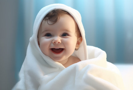 Baby in white towel smilingの素材