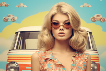 Woman in white against vintage cars and abstract patterns.の素材